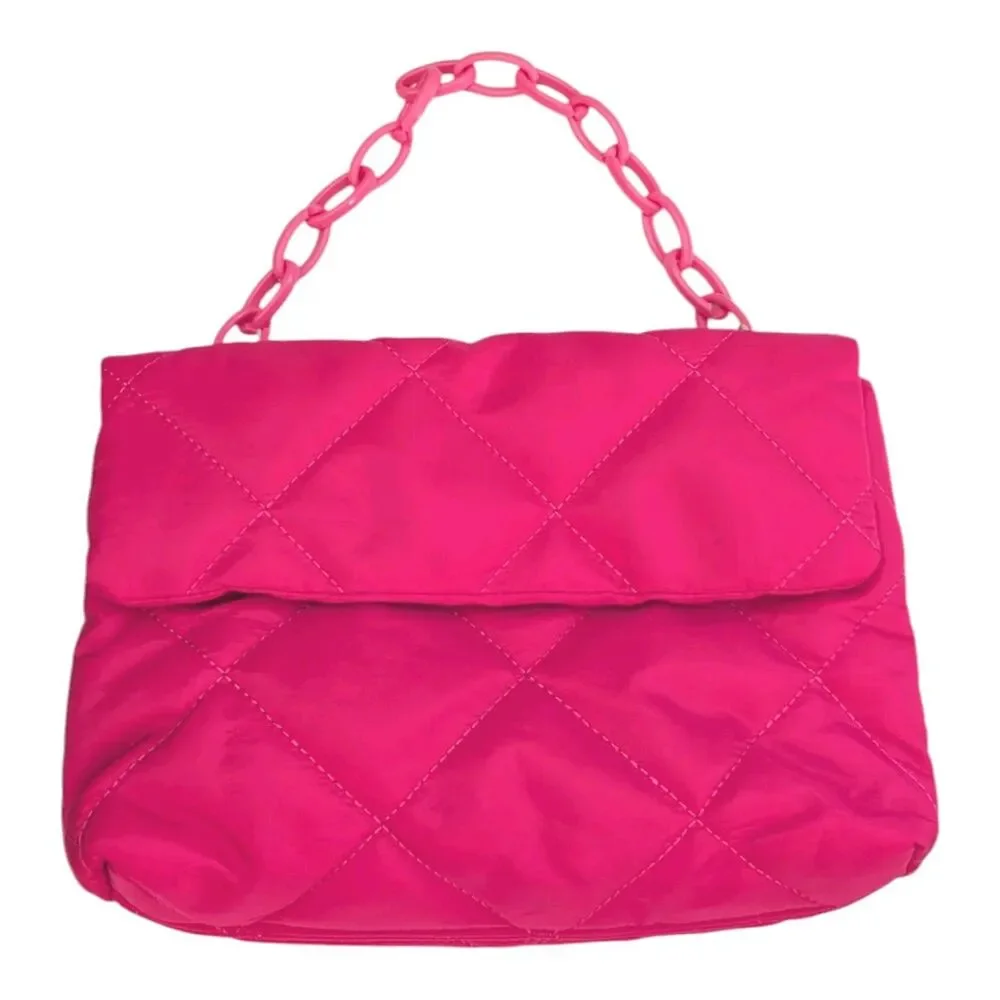 Neon Pink Quilted Nylon Rectangle Crossbody Shoulder Handbag With Chain